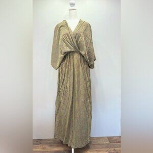 Bucketlist NEW Sage Green Striped Floral Draped Plunging V Neck Maxi Dress M L